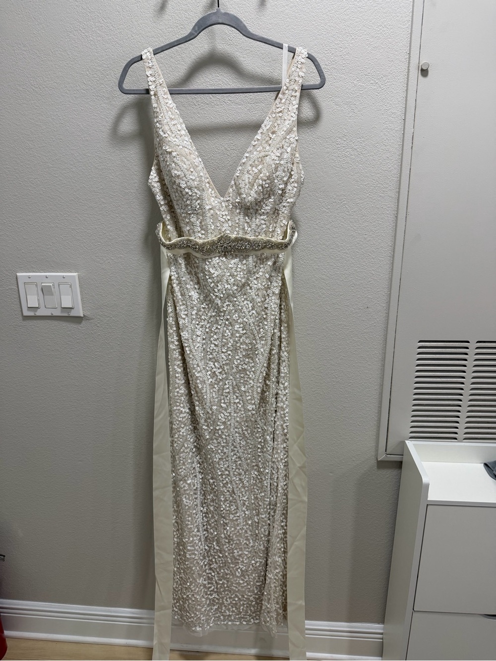Ivory Sequin Bridal Gown with Beaded Waist Detail
